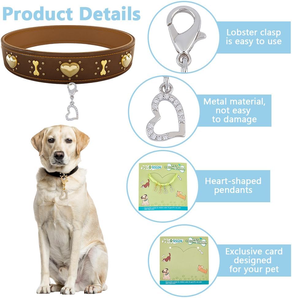 4pcs Heart Collar Pendants for Cat Dog Valentine Charms Brass Rhinestone Pet Collar Pendants Clip-on Charms for Bag Decor Keychain Pet Necklace Jewelry Making Training Home Decor
