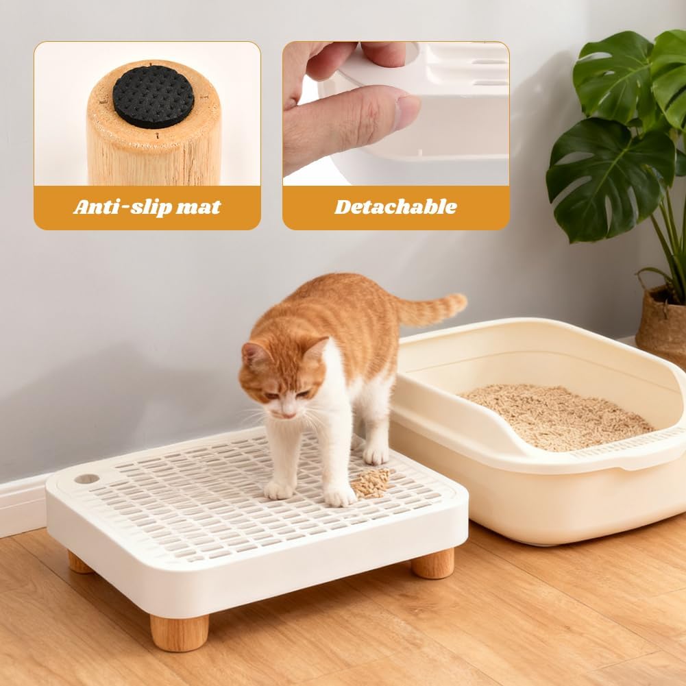 Cat Litter Box Ramp,Litter Box Step Mat with Filt er Function,Wooden Base No n-Slip Cat Ramp Reduces Tracking,for Automatic Litters Boxes,Kittens & Senior Cats (30 * 20.7 * 9cm,Color:White)