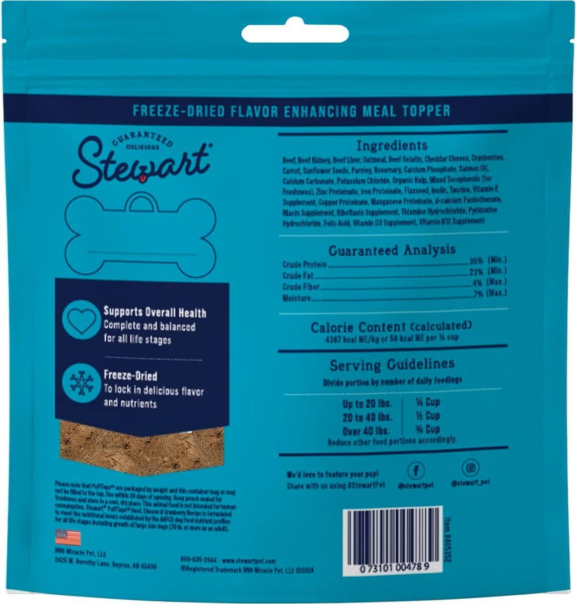 Stewart Freeze Dried Dog Food Topper, PuffTops, Beef, Cheese & Cranberry, 6 Ounce Resealable Pouch, Flavor Enhancing Meal Topper or Dog Treat, Made in USA