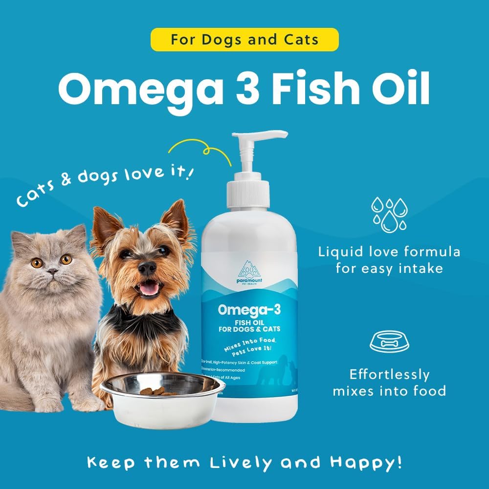 Wild-Caught Omega 3 Fish Oil for Dogs & Cats, Liquid EPA DHA Supplement for Skin, Coat, Joints & Heart, Low-Odor Omega 3 Drops for Small Dog Breeds & Cats with Itchy Skin, 16 oz