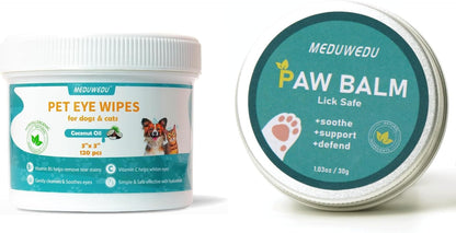 Eyes Wipes 120 Counts + [2-Pack] Dog Paw Balm 30g | Pet Grooming Bundle for Dogs & Cats | Tear Stain Prevention & Paw Protection