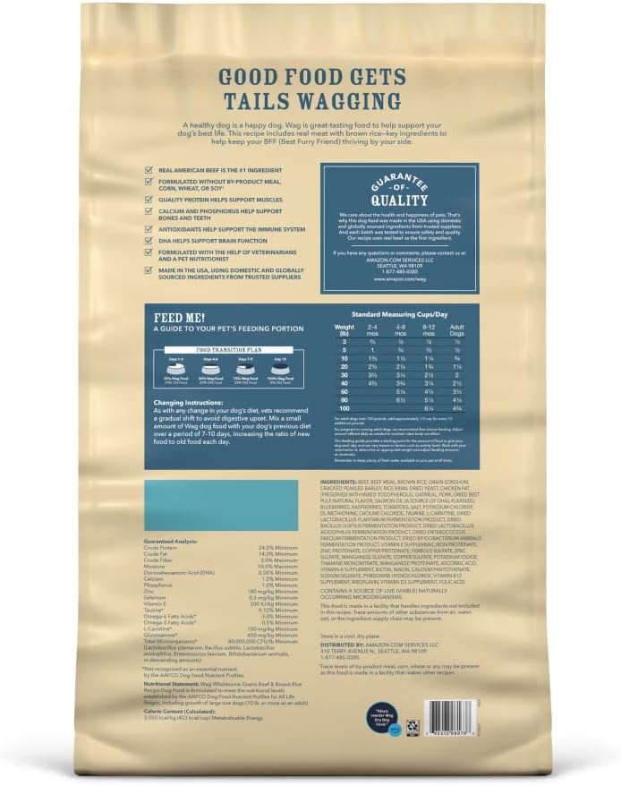 Amazon Brand - Wag Adult Premium Nutrition Dry Dog Food, Supports Stomach and Skin Health, Beef and Brown Rice, 30 lb Bag