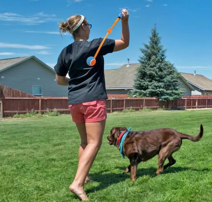 25“Dog Ball Launcher, Foldable Tennis Ball Thrower with Soft and Comfortable Tennis Racket-Like Handle Grip, 2.5 inch Ball Included