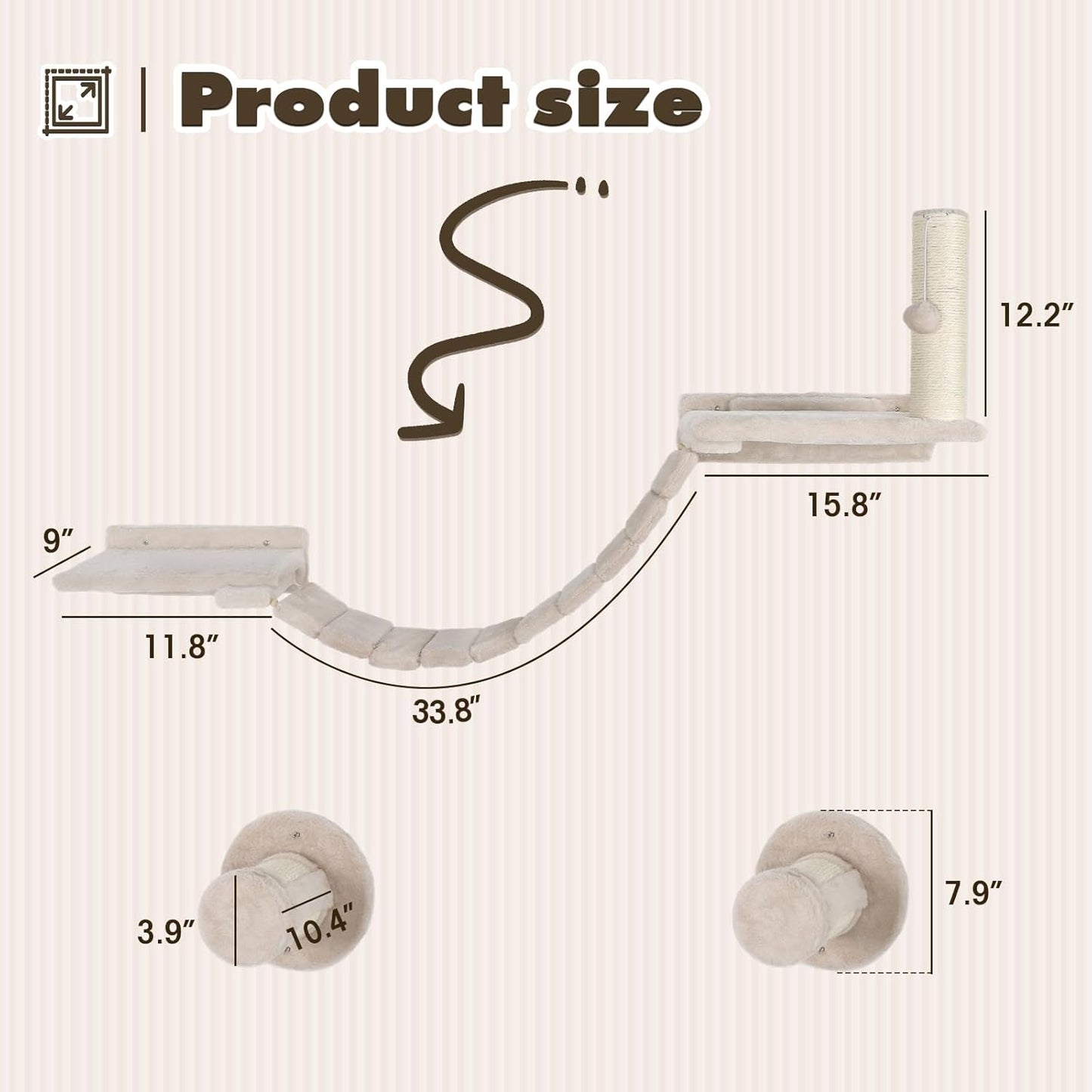 Cat Wall Shelves Climber Systems, Set of 7 Heavy Duty Wall-Mounted Cat Furniture Set with Scratcher Post, Bridge Ladder, Wooden Platform and Hanging Ball for Kittens, Large Cats