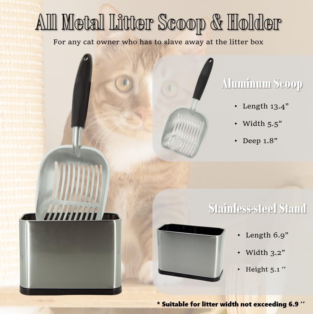 Heavy Duty Cat Litter Scoop with Holder - All Metal Cat Litter Scooper with Stainless Steel Holder - Speed Sifter Litter Box Scooper Captures All Clumps