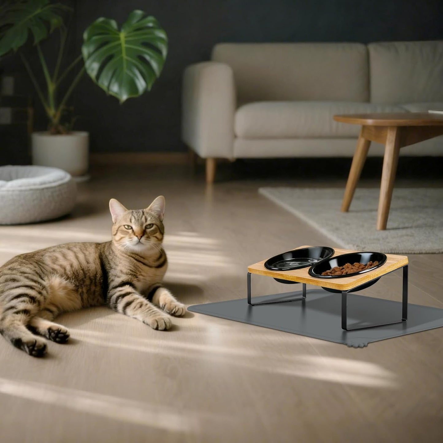 Upgraded Adjustable Height Cat Food Bowls Stand Ceramic Dog Bowls and Slow Feeder Cat Bowl, 15°Tilted Stand Anti Vomiting Raised for Small and Medium Sized Cats Dogs (Black (2 Bowl+Pet mat))