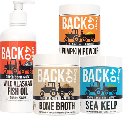 Back40Dog Ultimate Wellness Bundle – Wild Alaskan Fish Oil 16 fl oz, Organic Pumpkin Powder 8.1 oz, Grass-Fed Beef Bone Broth 6.4 oz & Organic Kelp 16 oz – Skin, Joint, Thyroid & Digestive Support