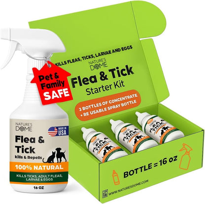Nature’s Dome Flea & Tick Starter Kit – Makes 3 Bottles (16 oz Each) – Plant-Based, Eco-Friendly Formula – Kills & Repels Fleas, Ticks, Larvae & Eggs – Safe for Pets, Kids & Plants