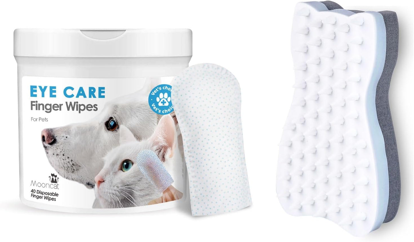 Mooncat Pet Eye Wipes and Cat Grooming Brush Bundle, 40 Count Finger Cot Tear Stain Remover, Silicone Shedding Massage Comb, Gentle Cleaning Kit for Long Short Hair