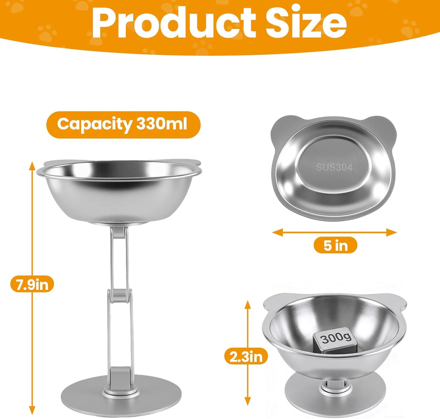 BEAVE NIUNIU Alloy Elevated Cat Bowl - Height & Angle Adjustable Raised Food Water Bowl Stand, 330ml Stainless Steel Dish, 7.9in Max Height Stable Pet Feeder for All Cat Sizes