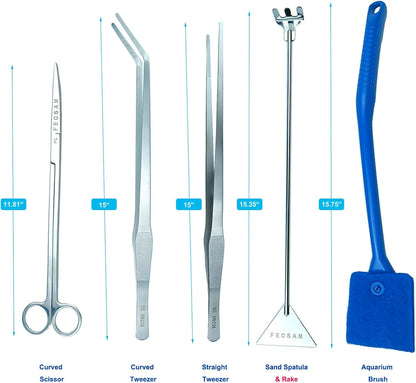 Aquarium Aquascape Tools Kit + Brush - 15 inch Stainless Steel Aquatic Tweezers/Feeding Tongs, Scissors, Spatula, Algae Scraper, Rake for Fish Tank Cleaning Scrubbing, Trimming, Terrarium Supplies