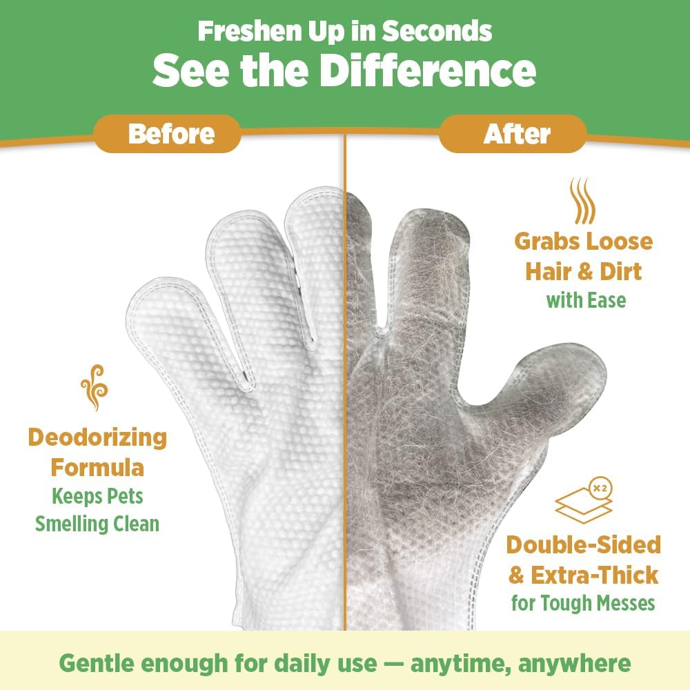 6pc. Premium Pet Glove Cleaning Wipes for Dogs & Cats | Textured, Deodorizing & Hypoallergenic Gloves with Aloe Vera & Shea Butter – Gentle, Skin-Safe Wipes for Fur, Face & Body, Odor Control