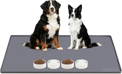 Lanstics Dog Food Mat, 34" x 22" Large Silicone Mat Dog Feeding Mat with Raised Edge Non-Slip Pet Feeding Mat for Food and Water Bowl, Easy to Clean, Floor Protection (Gray)