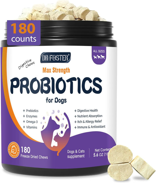 DRFOSTER Probiotics for Dogs, Freeze-Dried Dog Probiotics and Digestive Enzymes, Plus Omega-3 for Itchy Skin, Prebiotics for Digestive Health, Dog Vitamins and Supplements for Immune Health, 180 Bites