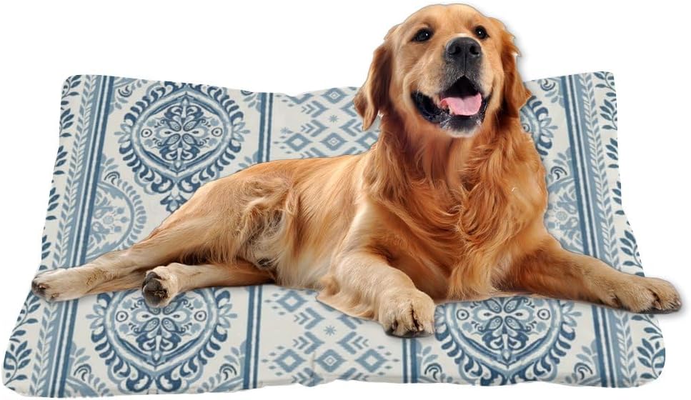 Blue Damask Stripe Washable Dog Bed for Crate Dogbed Mat Pet Crate Pad Pet Bed for Washable Non-Slip Dog Beds Crates Medium Size Tear-Resistant Mat Puppy Indoor Outdoor 36X24 Inch