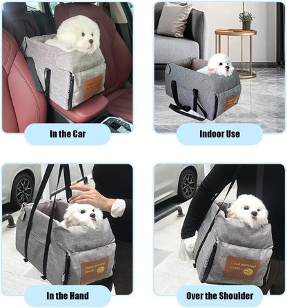 Center Console Dog Car Seat Portable Pet Car Seats Multi-Purpose Dog Booster Seats Travel Pet Bed with Soft Cushion Safety Belt Adjustable Straps and Storage Pocket for Small Pet
