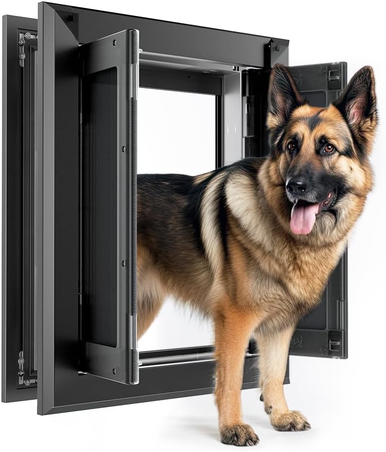 【PATAPLUS】 Aluminum French Large Dog Door,Strong Double Magnetic Flaps,with Aluminum Telescoping Tunnel Heavy-Duty Do g Door for L arge and Medium Dog Up to 110LBS (Large,Black)