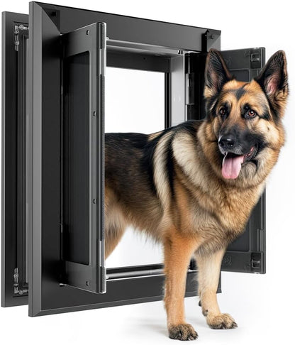 【PATAPLUS】 Aluminum French Large Dog Door,Strong Double Magnetic Flaps,with Aluminum Telescoping Tunnel Heavy-Duty Do g Door for L arge and Medium Dog Up to 110LBS (Large,Black)
