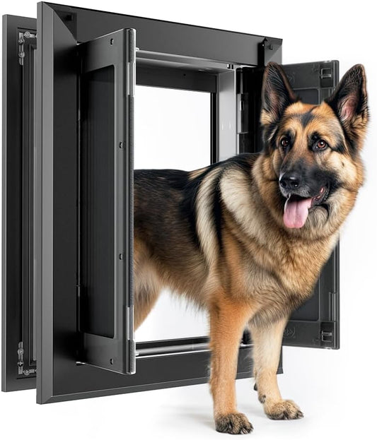 【PATAPLUS】 Aluminum French Large Dog Door,Strong Double Magnetic Flaps,with Aluminum Telescoping Tunnel Heavy-Duty Do g Door for L arge and Medium Dog Up to 110LBS (Large,Black)