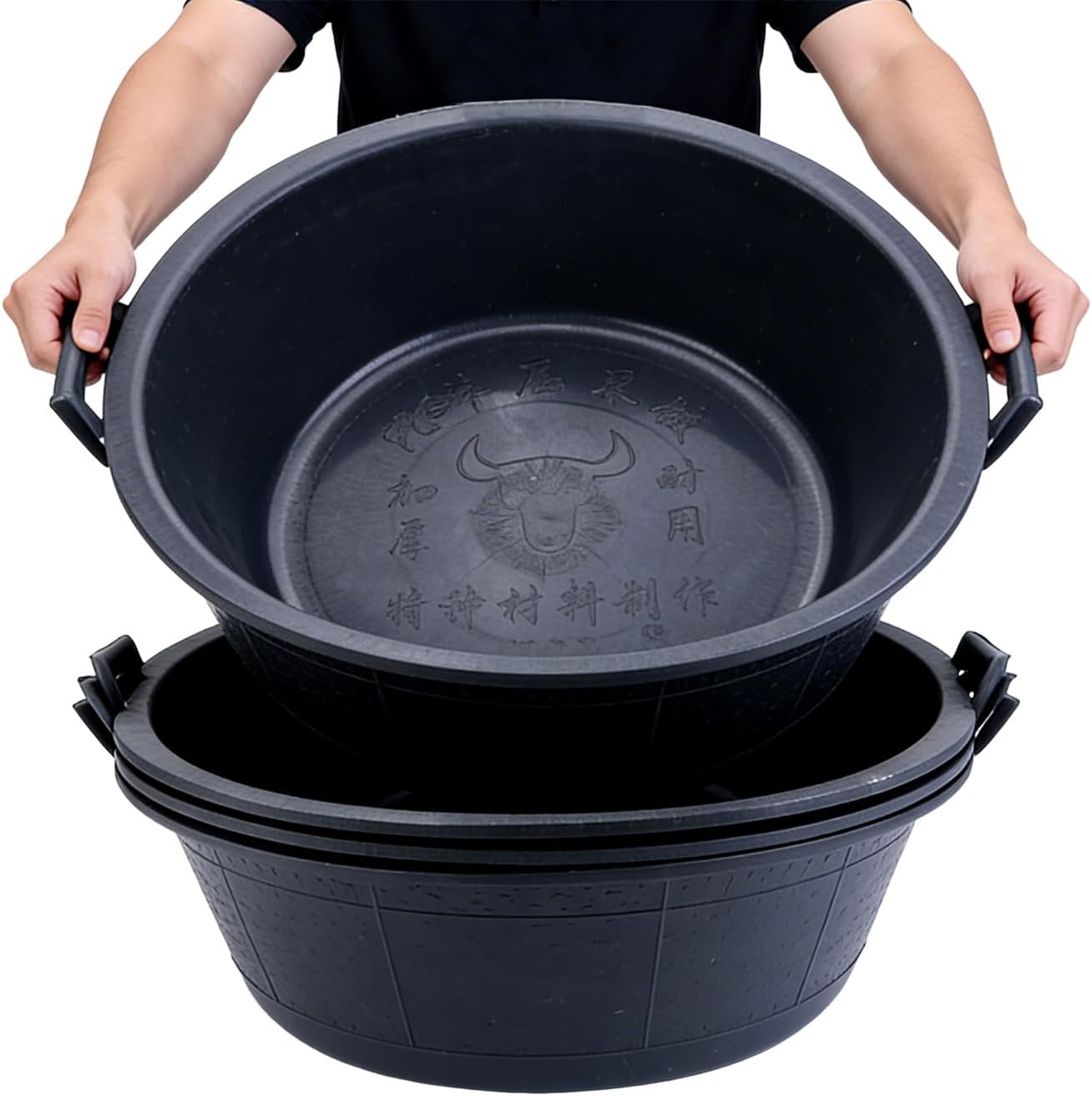 4Pcs Large Rubber Feed Pan with Handle, 8.6 Gallon/ 34 Quart Rubber Feed Pan Utility Horse Feed Bucket for Cats Dogs Goats Chicken Dust Bath Container Animal Feeding Watering Bowl