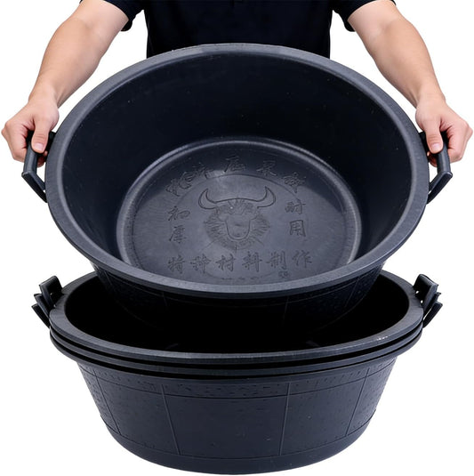 4Pcs Large Rubber Feed Pan with Handle, 8.6 Gallon/ 34 Quart Rubber Feed Pan Utility Horse Feed Bucket for Cats Dogs Goats Chicken Dust Bath Container Animal Feeding Watering Bowl