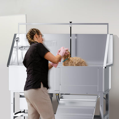 46" Dog Washing Station, Professional Stainless Steel Dog Bathtub w/Ramp & Storage Drawer, Adjustable Grate, Non-Slip Design, Home Grooming & Large Dogs (Right Ramp)