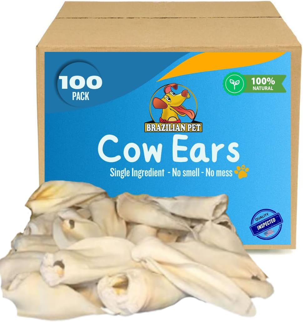 Brazilian Pet 100% Natural - Over 5 inches- Real Cow Ears Prime Dog Chews, Free Range Grass Fed Cattle (100 Count)
