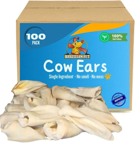 Brazilian Pet 100% Natural - Over 5 inches- Real Cow Ears Prime Dog Chews, Free Range Grass Fed Cattle (100 Count)