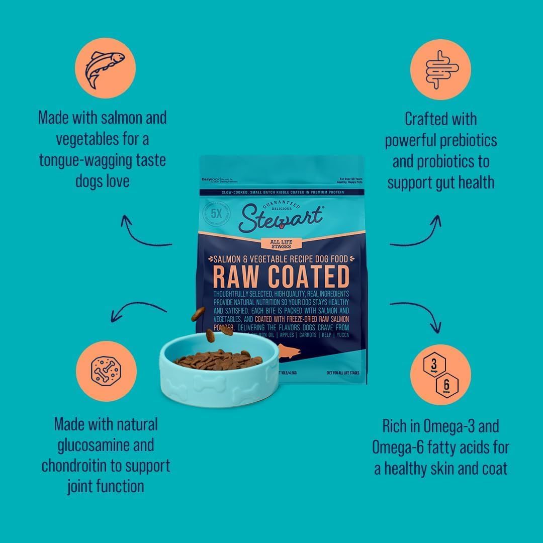 Stewart Raw Coated Dog Food, Salmon & Vegetable Recipe, 10 Pound Bag, Freeze Dried Salmon Powder Coating