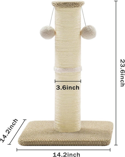 Made4Pets Tall Cat Scratching Post, 23.6" Natural Sisal Cat Scratcher with Hanging Balls, Heavy Duty and Thicker Scratching Post for Indoor Cats Adults, Sturdy Base Cat Scratch Post, Beige