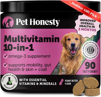 Multivitamin Dog Supplement, Glucosamine chondroitin for Dogs, Probiotics, Omega Fish Oil, Dog Supplements & Vitamins, Vitamins for Skin and Coat Allergies, (Peanut Butter 90 ct)