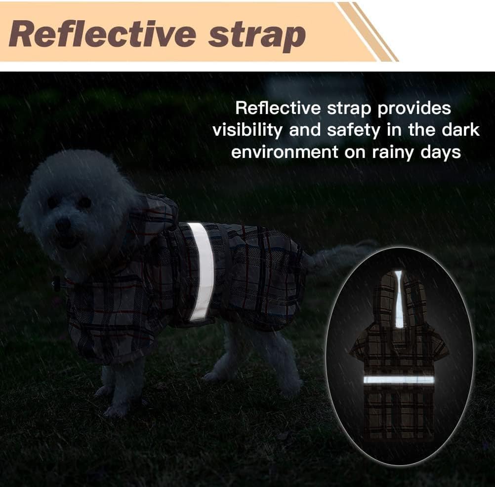 KOOLTAIL Dog Raincoat Hooded Slicker Poncho with Leash Hole, Raincoat for Small Medium Dogs, Waterproof Doggie Rain Jacket with Reflective Strip, Adjustable Breathable Plaid Puppy Rainwear-Beige M