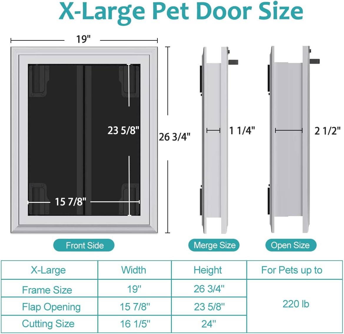 Dog Doors for Large Dogs, Energy Efficient French Dog Door with Aluminum Frame, Telescoping Tunnel, Magnetic Flaps and Sliding Lock Panel - XLarge