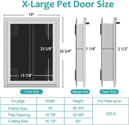 Dog Doors for Large Dogs, Energy Efficient French Dog Door with Aluminum Frame, Telescoping Tunnel, Magnetic Flaps and Sliding Lock Panel - XLarge