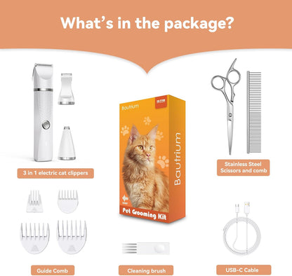 Cat Grooming Clippers Kit with Paw Trimmer, 3 in 1 Electric Pet Hair Trimmer Supplies for Thick Matted Hair, Heavy Coat Butt Shaver Cat Razor Fur Trimmer for Dogs at Home