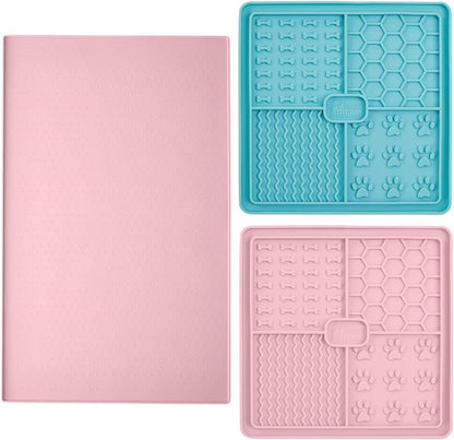 Gorilla Grip Silicone Pet Feeding Mat and Dog and Cat Lick Mat 2 Pack, 18.5x11.5 in Dog Cat Food Mat Contains Spills Pink Color, Interactive Activity Toy Licking Pad 1 Turquoise 1 Pink, 2 Item Bundle