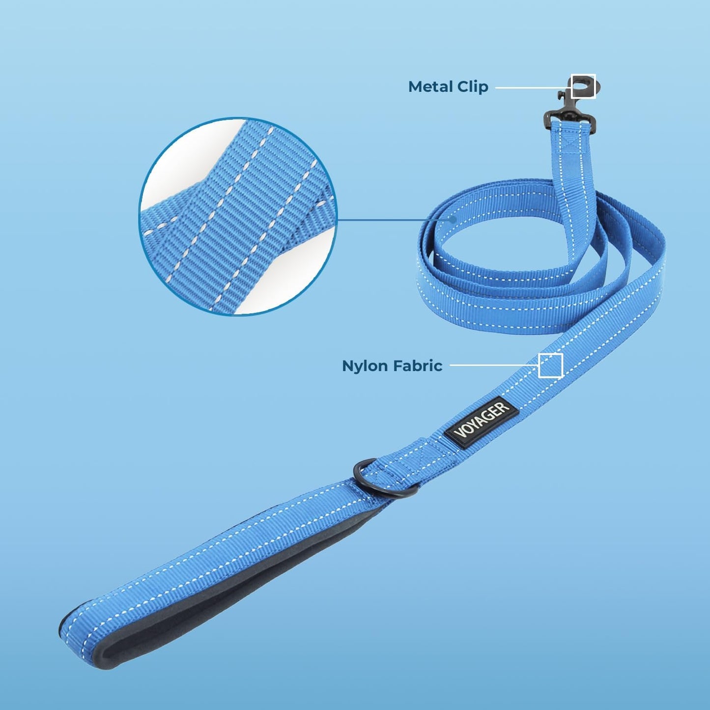 Best Pet Supplies Voyager Reflective Dog Leash or Collar with Neoprene Handle, for Small, Medium, and Large Breed Puppies, Cute and Heavy Duty for Walking, Running and Training - Baby Blue Leash, L