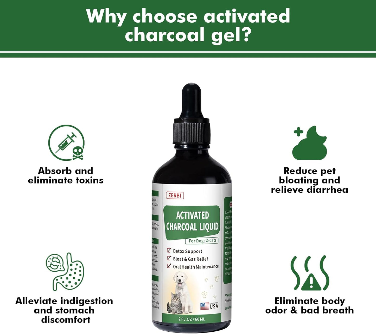 Activated Charcoal for Dogs(Liquid)–Dog First Aid Essential, Ready Rescue for Dogs – Detox, Diarrhea & Gas Relief, Non-GMO, 60ml