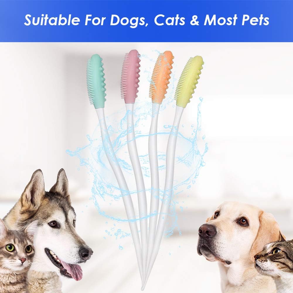 Dog Toothbrush, 4 Packs Silicone Pro Double-Sided Soft Comfort Gentle Dental Brushes Set Kit with 5.7 inches Curved Long Handle for Puppy Small Medium Dogs Cats Most Pet (Set 1)