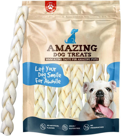 Amazing Dog Treats - Beef Cheek Braids Dog Chew (10-12 Inch - 25 Count) - NO Odor - Rawhide Alternative - Beef Cheek Slice Chip Sticks - No Dyes, Chemicals, or Preservatives