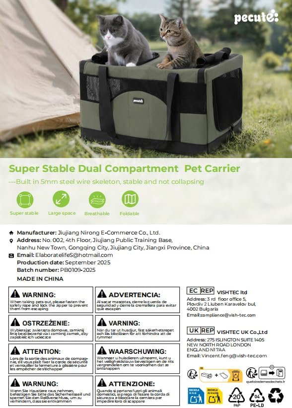 Pecute Cat Carrier for 2 Cats,Dual Cabin Multi Cat Travel Carrier with Removable Divider and Sturdy Frame,Collapsible,Soft,can Hold 20lbs+ for 2 Small Kitten,Medium Dog,Extra Large for Travel,Gray