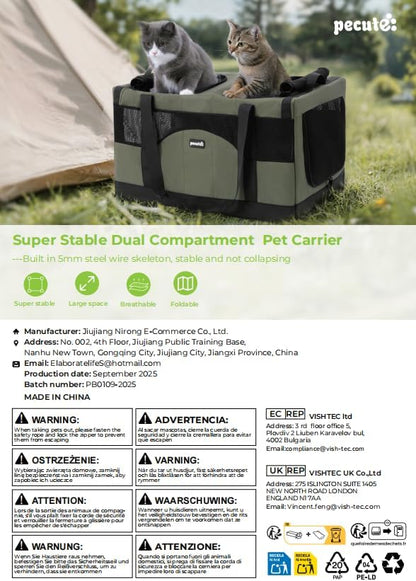 Pecute Cat Carrier for 2 Cats,Dual Cabin Multi Cat Travel Carrier with Removable Divider and Sturdy Frame,Collapsible,Soft,can Hold 20lbs+ for 2 Small Kitten,Medium Dog,Extra Large for Travel,Gray