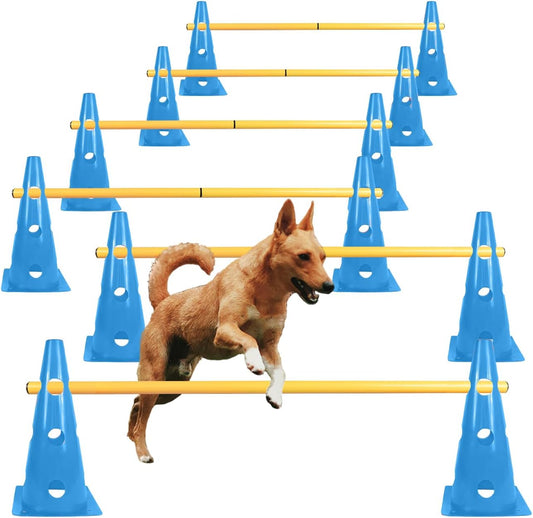 TNZMART Dog Agility Hurdle Cones Pet Jump Training Set Dog Agility Course Backyard Set Adjustable Obstacle Training Set (Blue, 6 Sets)
