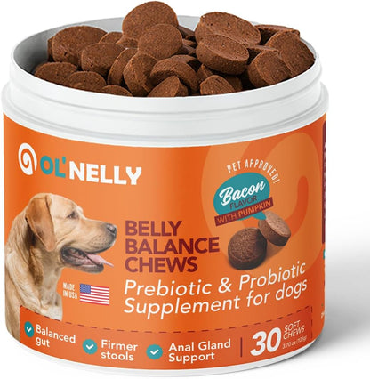 Ol'Nelly Pre & Probiotics for Dogs- 30 Soft Chews (Bacon) - Daily Dog Probiotics for Digestive & Gut Health - Diarrhea, Gas & Constipation Relief -All Ages and Breeds - Probioticos Perros Chewable