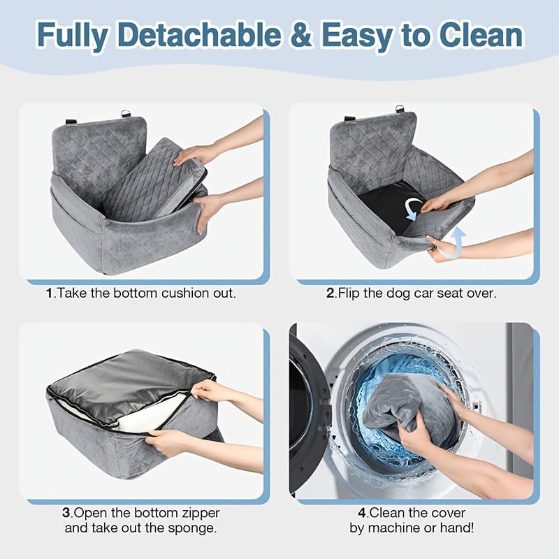 Dog Car Seat for Small & Medium Dogs – Washable & Detachable Pet Booster Seat with Safety Belt, Non-Slip Travel Bed for Cars, Fits Pets Under 20lbs, Storage Pockets(Gray)