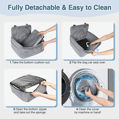 Dog Car Seat for Small & Medium Dogs – Washable & Detachable Pet Booster Seat with Safety Belt, Non-Slip Travel Bed for Cars, Fits Pets Under 20lbs, Storage Pockets(Gray)