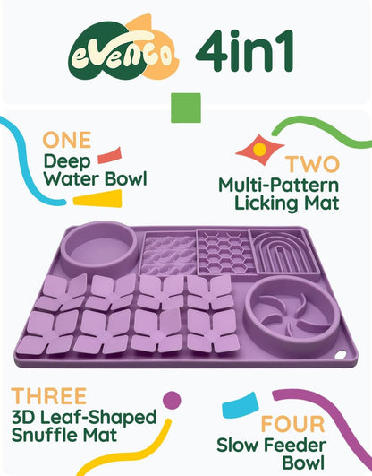 Slow Feeder Bowl Bundle: Purple 4in1 Licking mat (15.75" x 10.5" x 1.2") + Light Blue Starry Sky Feeder (5.3" x 3.7"), Silicone Lick mat with Suction Cups for Slow Eating and Keep Busy
