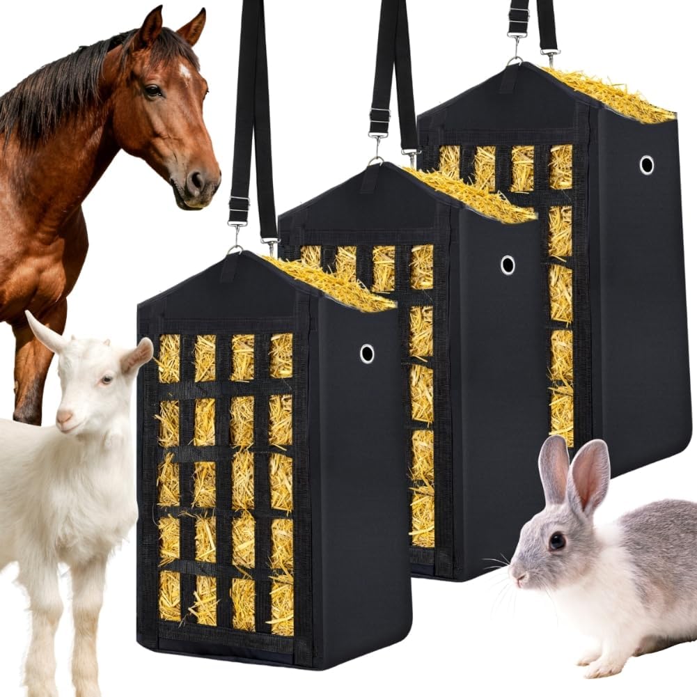 Eforcase 3PCS Hay Bags for Horses, Slow Feed Hay Bags for Goats,Sheep, Donkey, Premium Oxford Hang Feed Bag with Front Nets Design, Easy to Fill, Adjustable,Horse Feeding Supplies