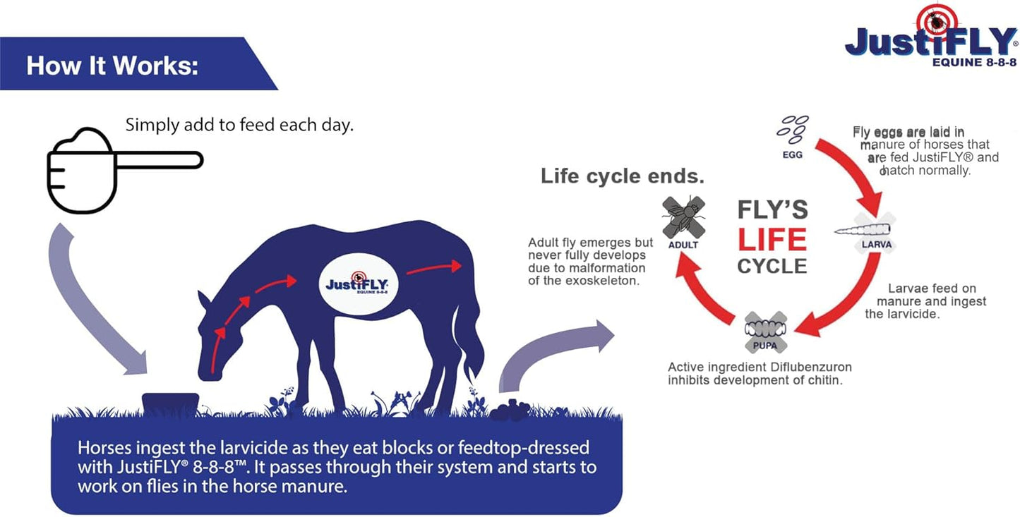 JustiFLY Equine 8-8-8 Feedthrough Fly Control Formula for Horses (4.75 lb) – Complete Protection from Stable, Horn & House Flies, Dung Beetle Safe