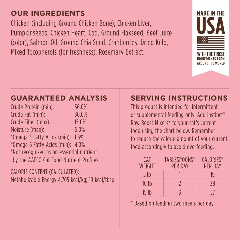 Instinct Raw Boost Mixers, Freeze Dried Cat Food Toppers with Functional Ingredients, Grain Free, Real Chicken - Skin & Coat Health, 5.5 oz Bag